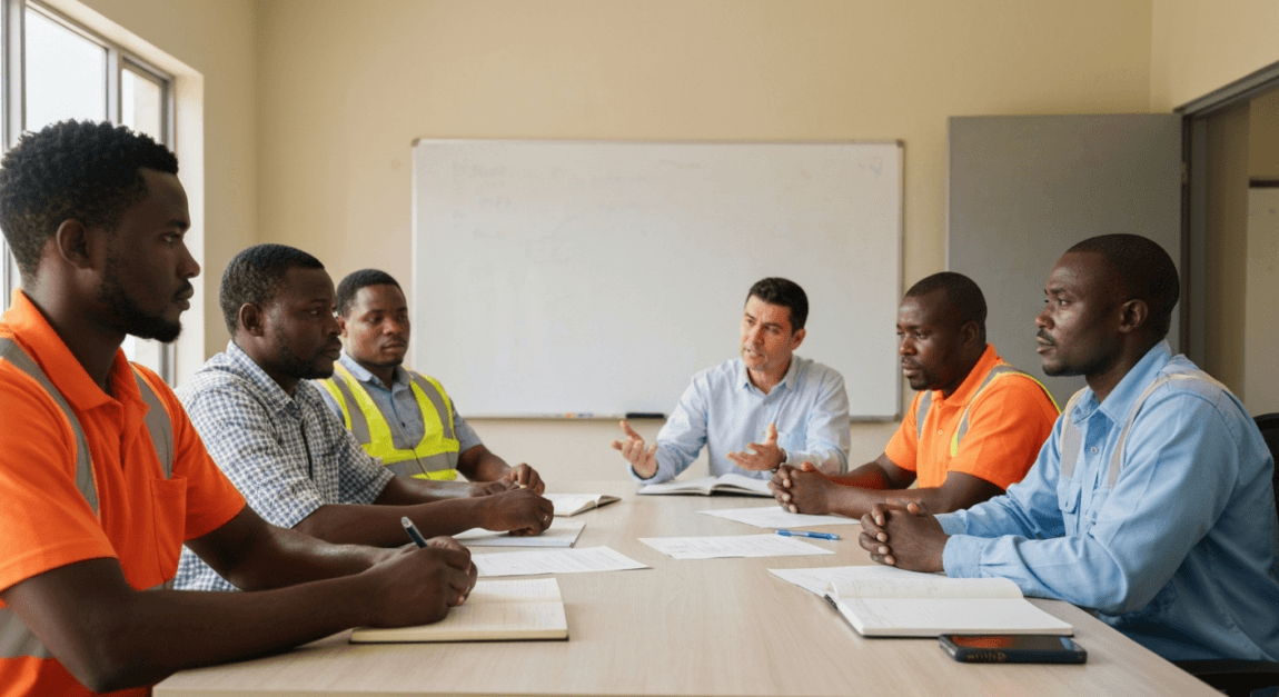 Construction Toolbox Talk Topics for Safer Building Sites 1 Supervisor conducting toolbox talk with construction team in Botswana.