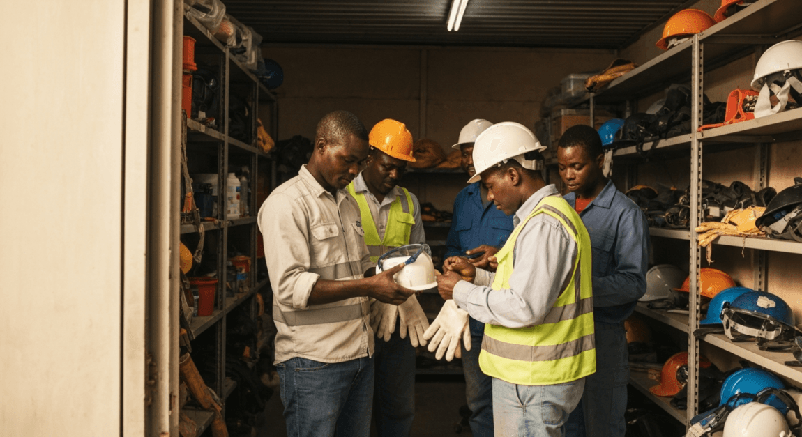 Construction Toolbox Talk Topics for Safer Building Sites 2 Construction team checking PPE for safety compliance in Botswana.