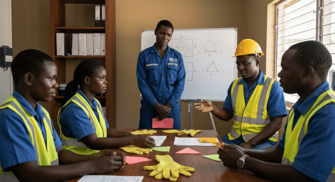 Construction Toolbox Talk Topics for Safer Building Sites 5 Workers in Botswana discussing and demonstrating safe lifting techniques.