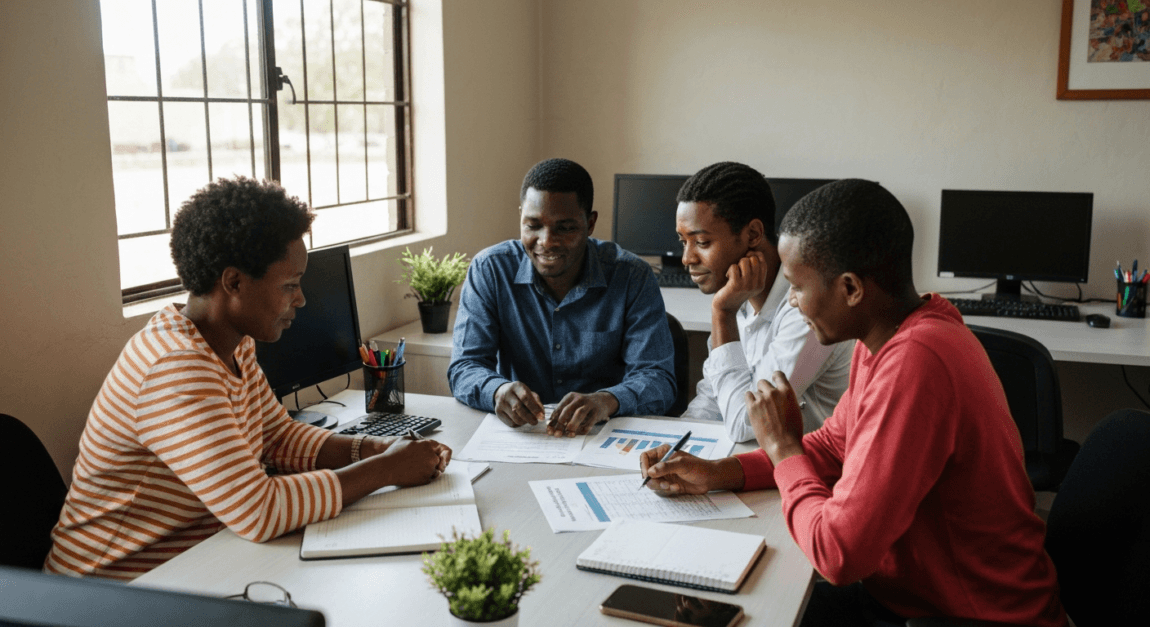 Tender Pricing Example: How to Price a Bid Without Losing Profit 1 Botswana SME team calculating tender pricing costs around a table