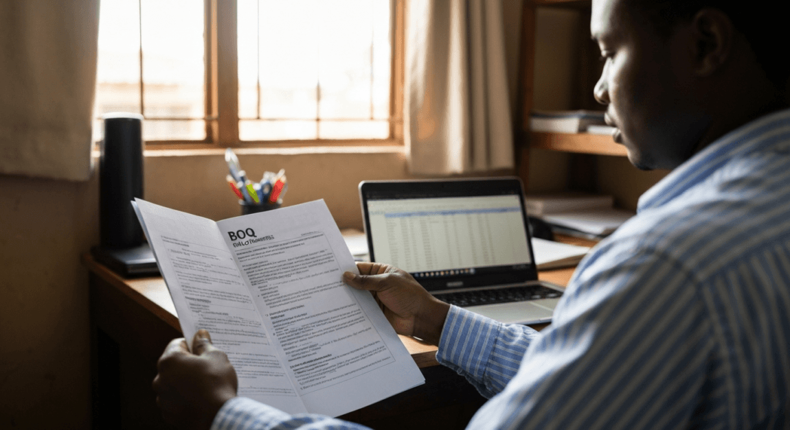 Tender Pricing Example: How to Price a Bid Without Losing Profit 2 Botswana professional reviewing a Bill of Quantities in an office