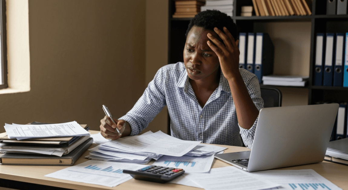 VAT Invoice Requirements and VAT-Exempt Items Explained 5 Stressed business owner reviewing tax compliance documents in Botswana