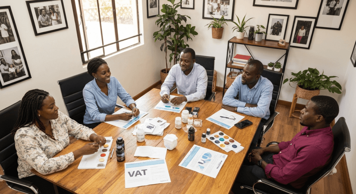 VAT Invoice Requirements and VAT-Exempt Items Explained 4 Business partners in Gaborone discussing VAT categories for their retail shop