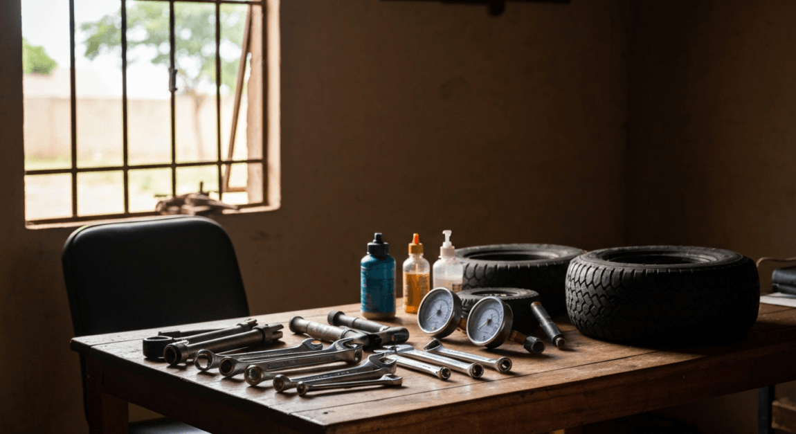 Maintenance of Farm Machinery: Daily, Weekly and Seasonal Checklist 1 Essential farm machinery maintenance tools like wrenches and grease guns in Botswana