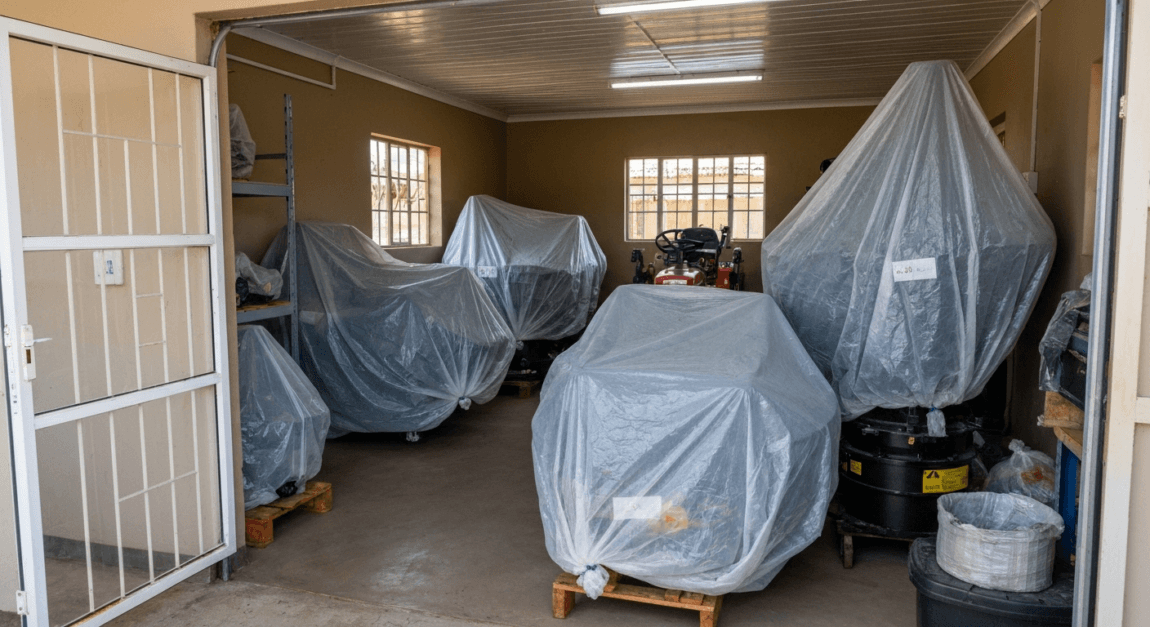 Maintenance of Farm Machinery: Daily, Weekly and Seasonal Checklist 7 Protected farm equipment and tractor parts stored in a Botswana farm shed