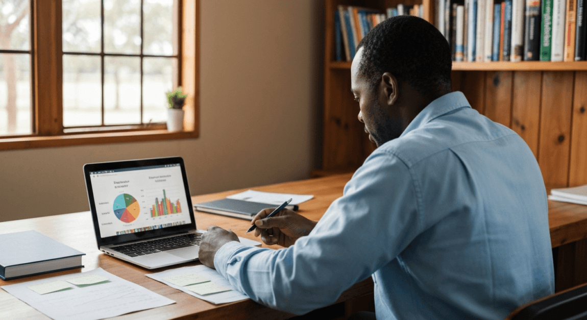 A Botswana farmer in an office looking at poultry business plans