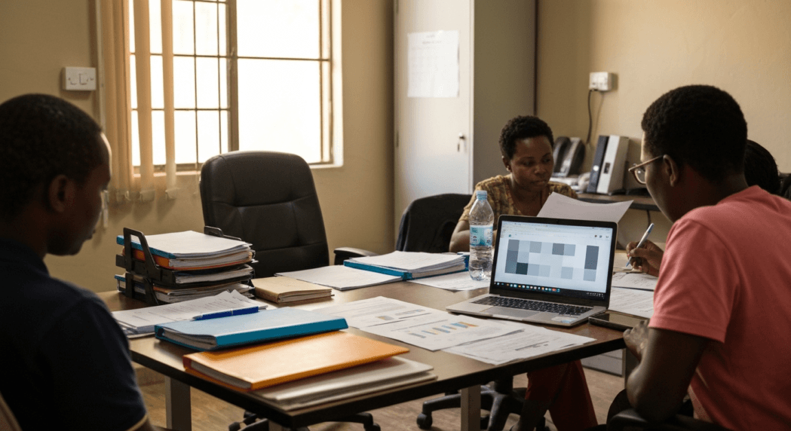 Botswana entrepreneurs using a laptop to register a construction company on the CIPA OBRS portal.
