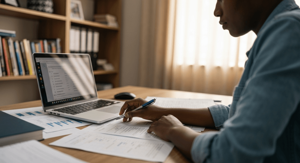 A business owner in Gaborone reviewing BURS tax documents for a construction project.
