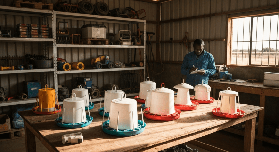 Inside a poultry house with feeders and drinkers in Botswana