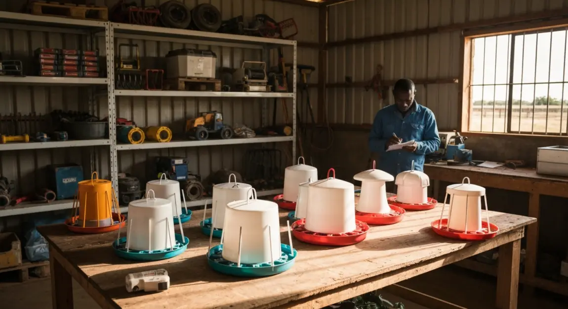 Inside a poultry house with feeders and drinkers in Botswana