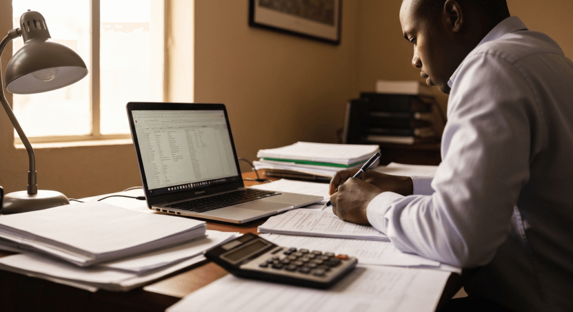 How to Win More Tenders: Common Mistakes and Bid-Rejection Reasons 3 An entrepreneur in Gaborone reviewing tender budget documents and financial spreadsheets.