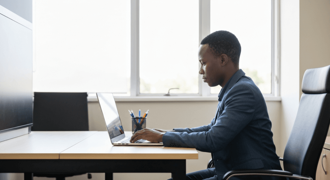 Business owner using a laptop to access BURS online services in Botswana