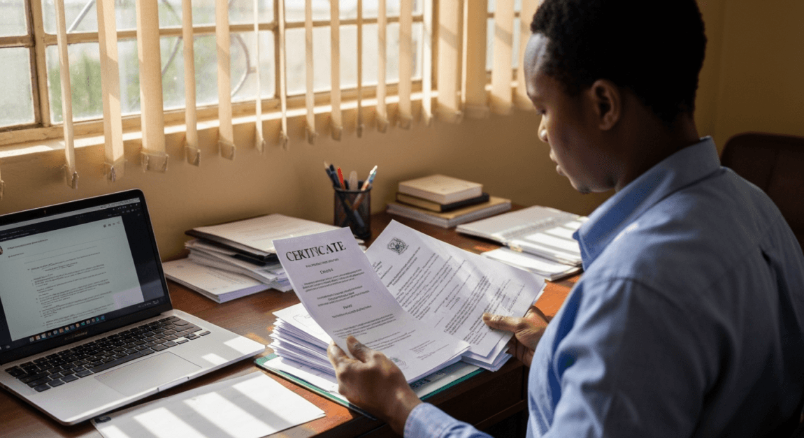 Botswana businesswoman reviewing essential security tender documents