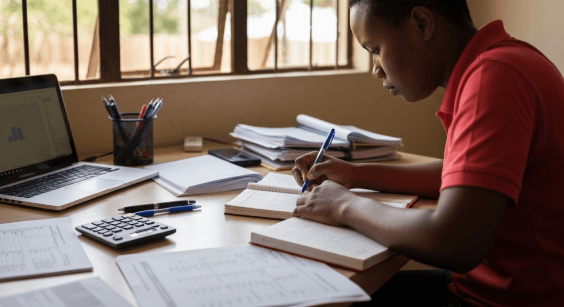Daily bookkeeping tasks showing a ledger and laptop for a Botswana small business owner