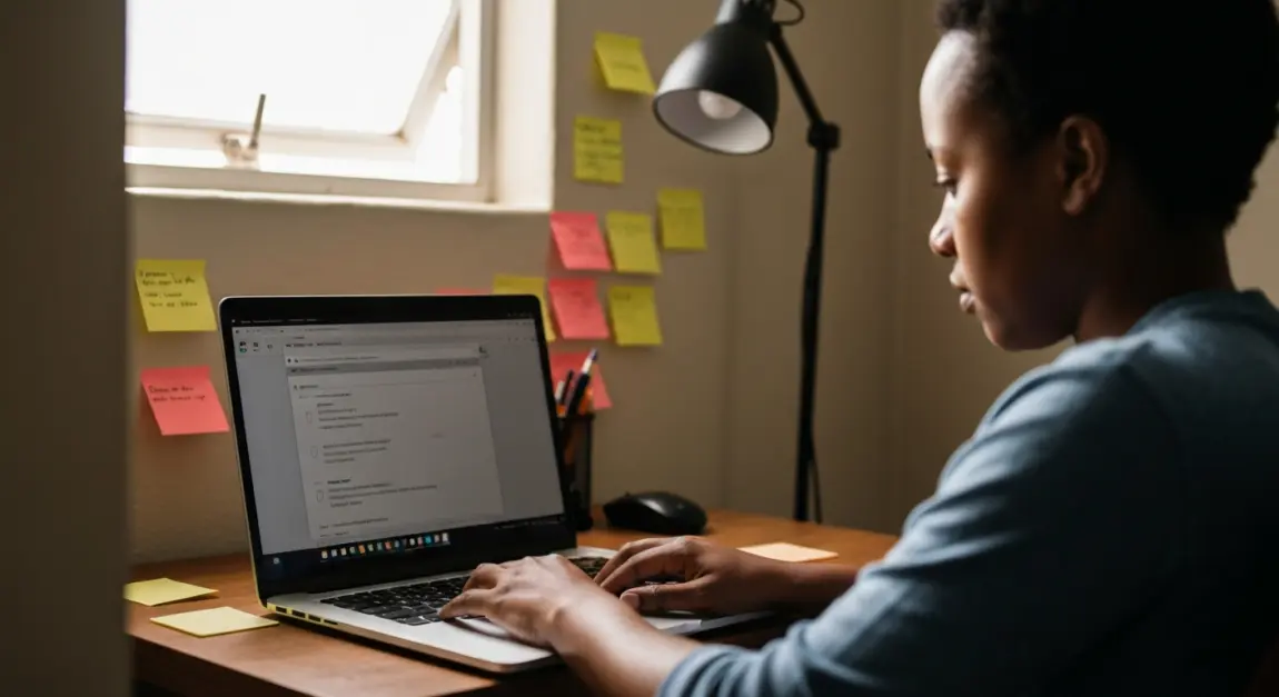 Tenders in Botswana: Complete Beginner Guide to Finding and Applying 7 An entrepreneur researching Botswana tender opportunities online in a small office.