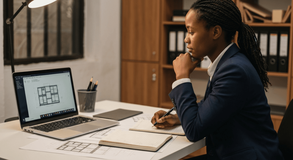 Construction Cost Estimation Guide for Small Contractors 7 Contractor using a calculator and blueprints to verify material costs in Botswana