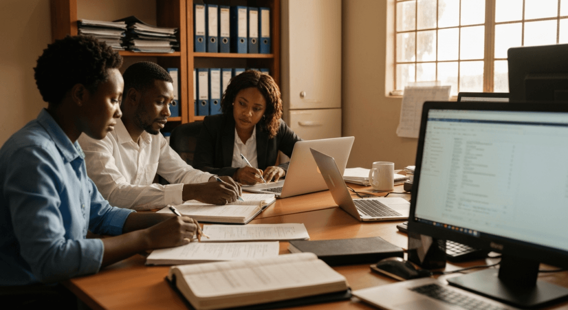 Record Keeping for Business and the Difference from Bookkeeping 3 Botswana SME team organizing financial and compliance records in an office setting