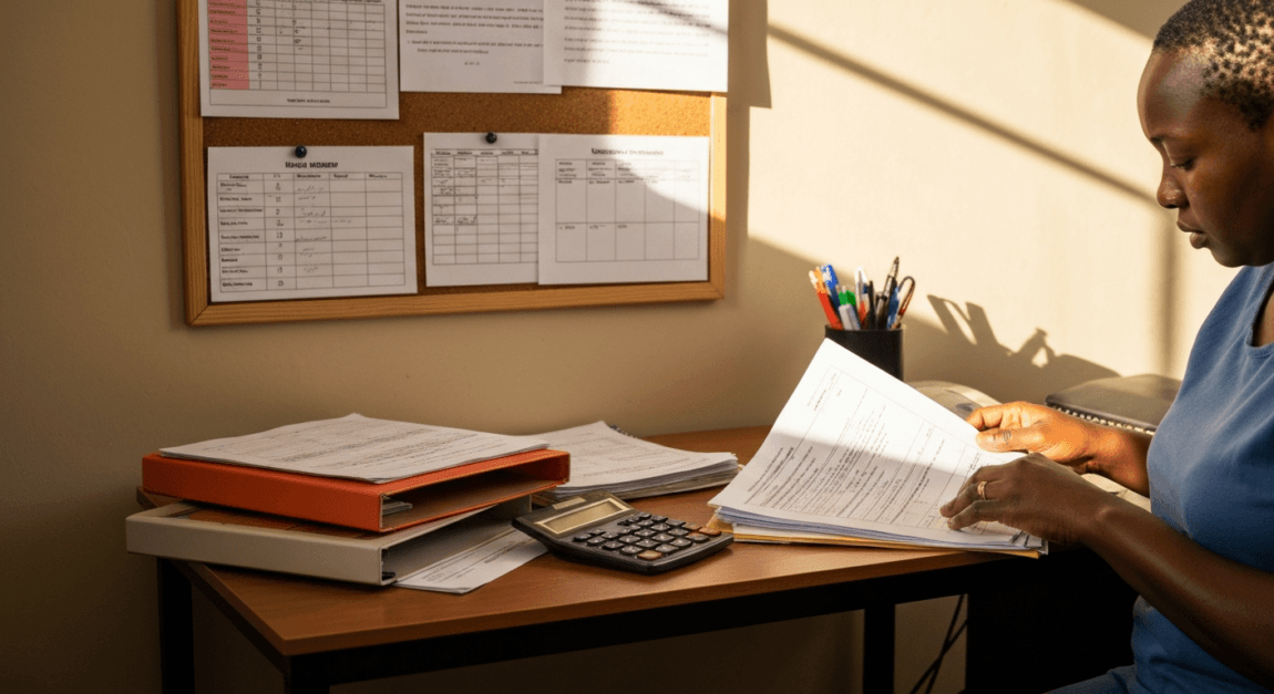 A person organizing CIPA and BURS business documents in a Botswana home office for tender preparation.
