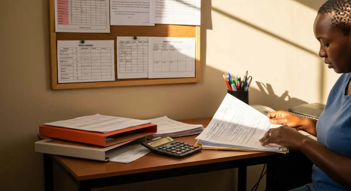 Tenders in Botswana: Complete Beginner Guide to Finding and Applying 6 A person organizing CIPA and BURS business documents in a Botswana home office for tender preparation.