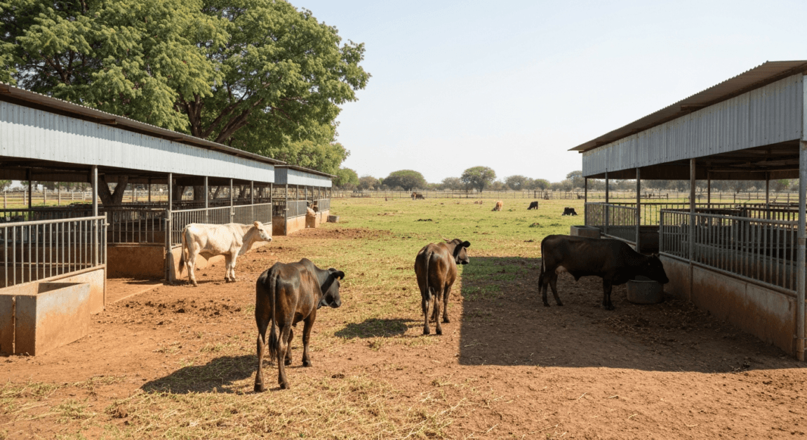 Cattle grazing on a Botswana farm with sturdy housing structures