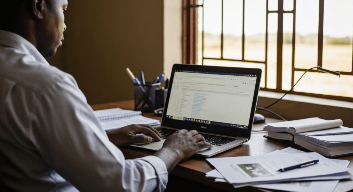 Botswana farmer managing cattle records on a digital platform