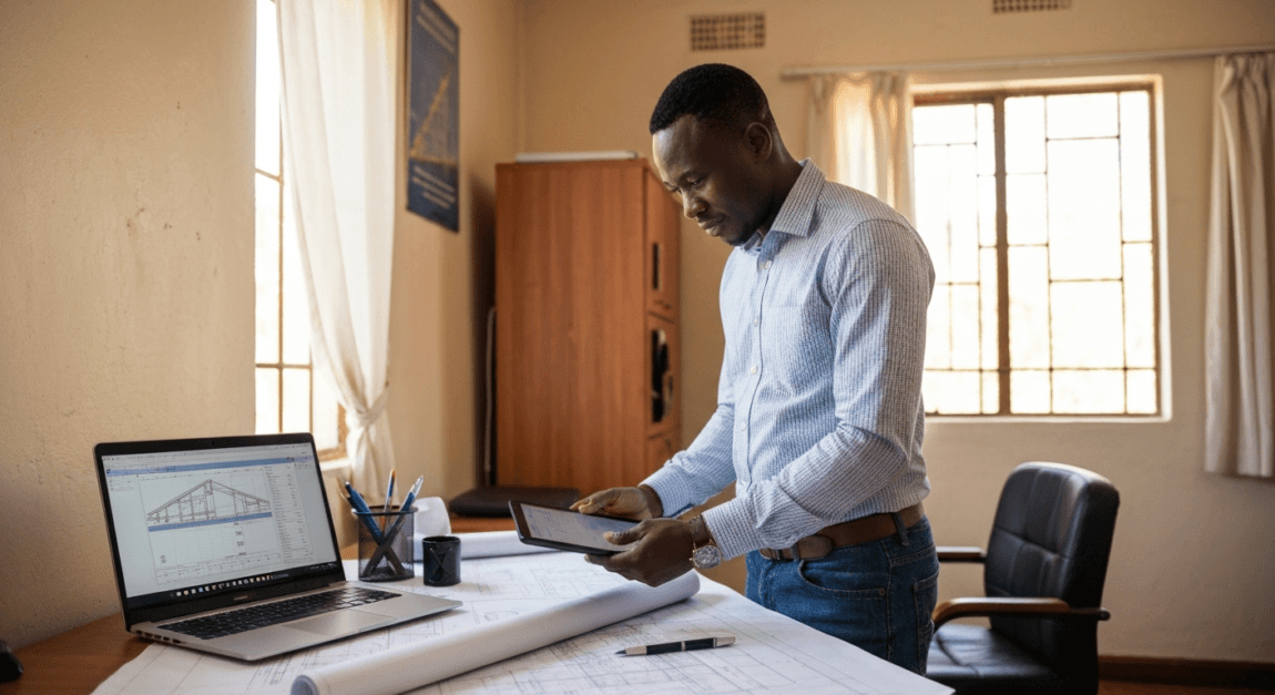Entrepreneur in Gaborone reviewing construction plans for BOQ accuracy