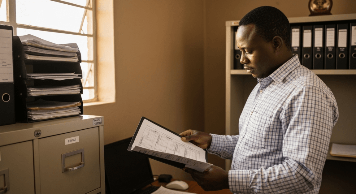 PAYE and Payroll Tax for Small Business Employers 5 Botswana business owner reviewing payroll records and employee contracts