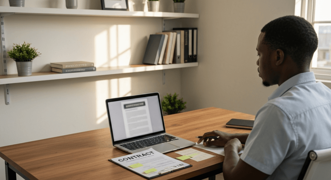 Botswana contractor reviewing a construction contract template on a laptop in an office.