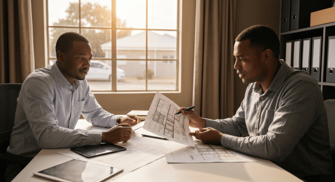 Botswana project manager and contractor discussing scope of work documents on-site.