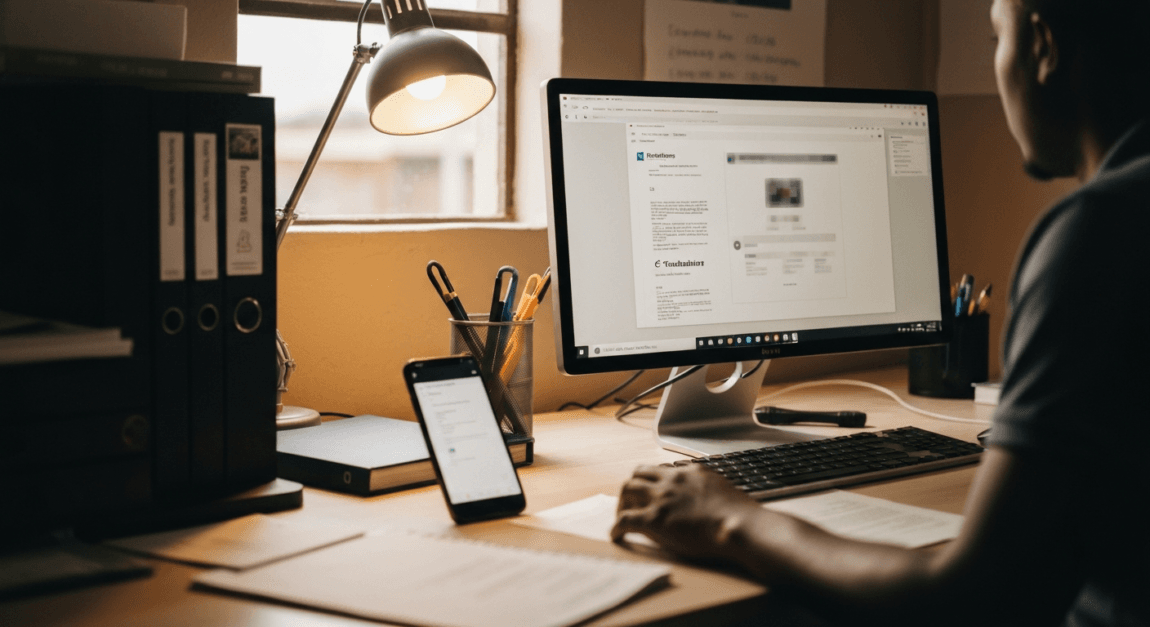 eTenders Botswana Explained: How Online Tendering Works 1 Modern office desk with computer and smartphone showing document handling for e-tendering in Botswana.