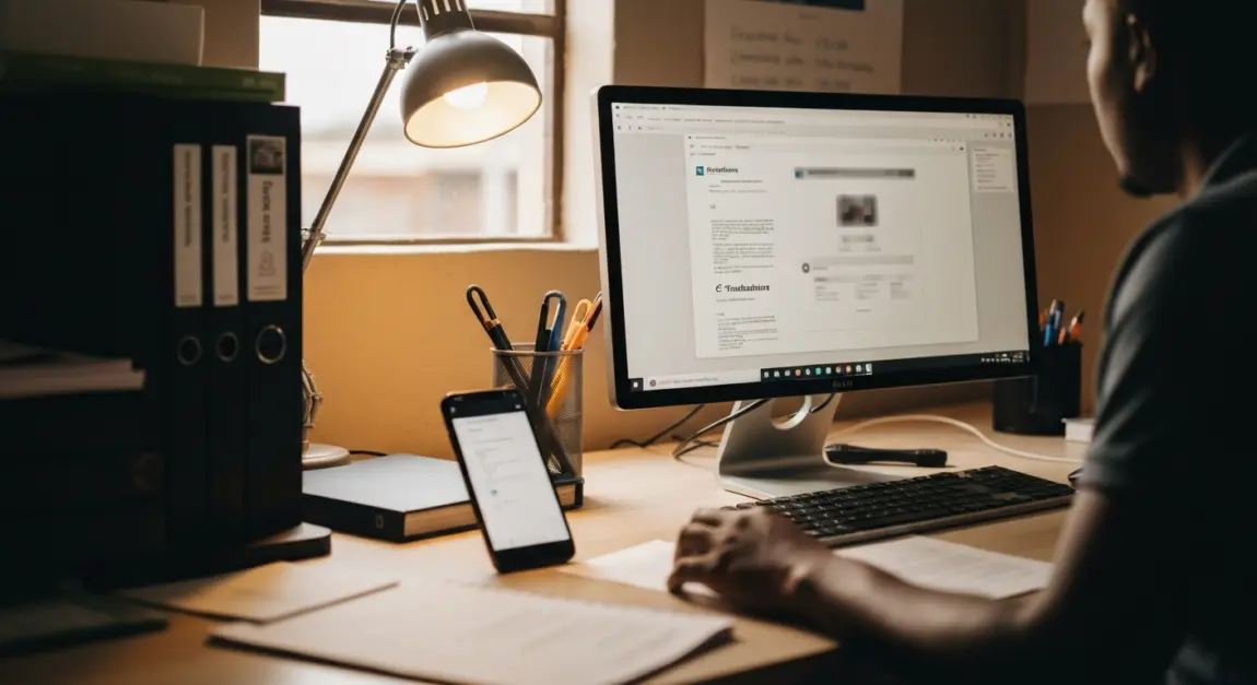 Modern office desk with computer and smartphone showing document handling for e-tendering in Botswana.