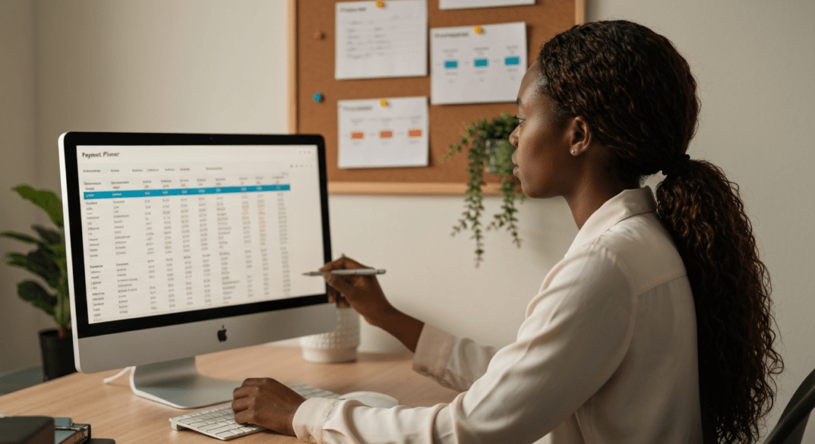 Botswana contractor updating a payment schedule and invoice on a tablet.