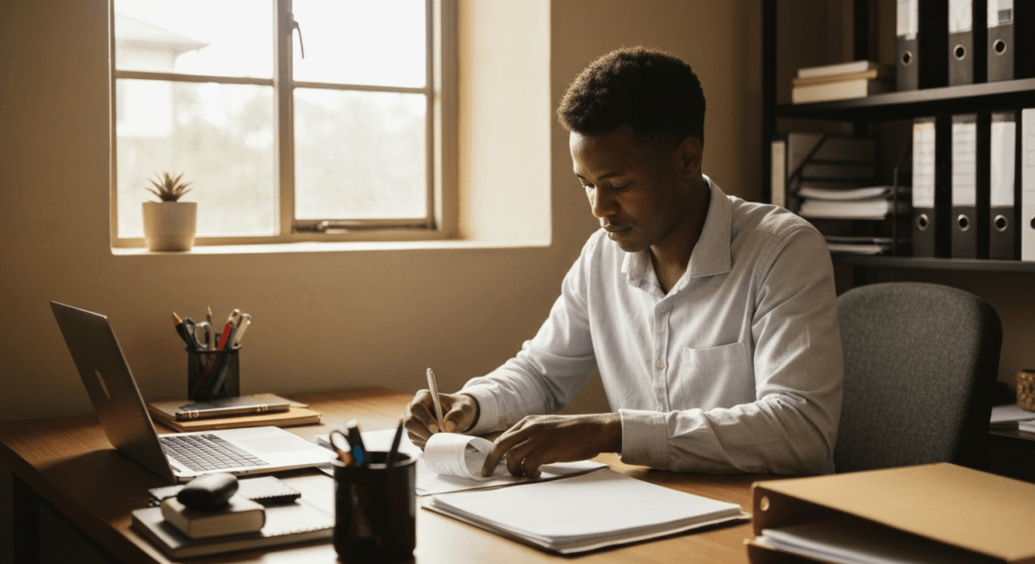 Botswana entrepreneur organizing receipts and invoices for tax-deductible business expenses
