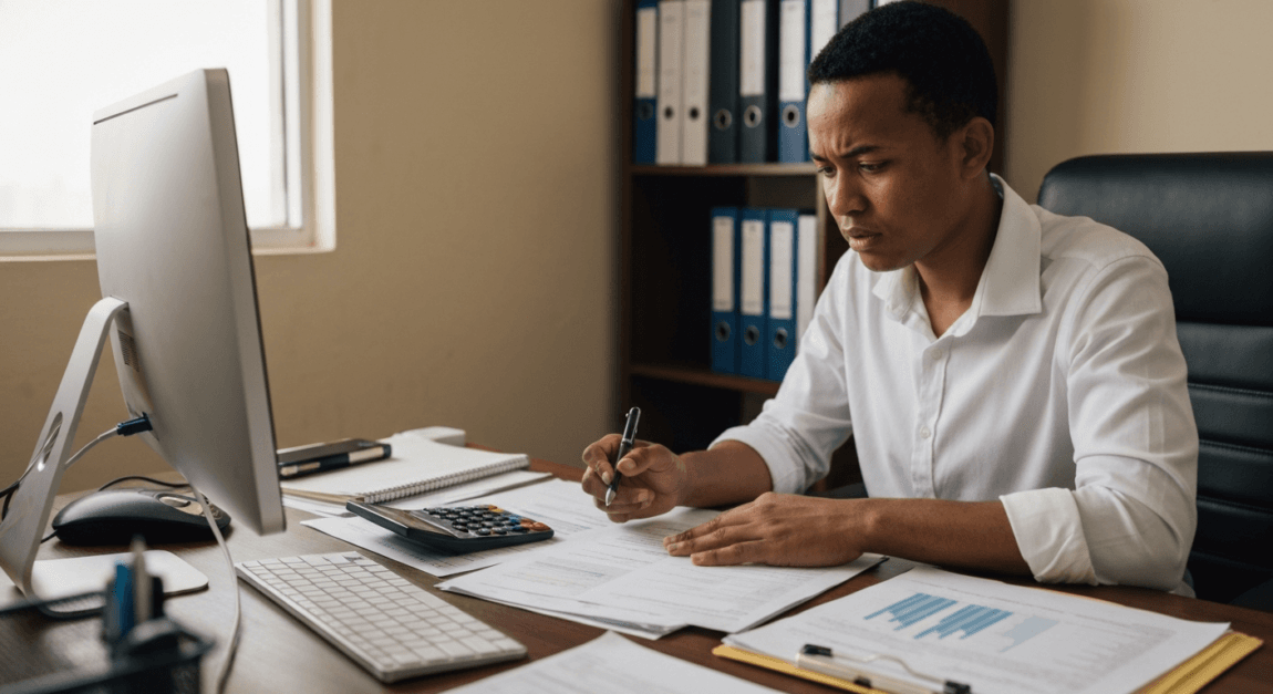 Small business owner in Botswana reviewing BURS tax compliance documents