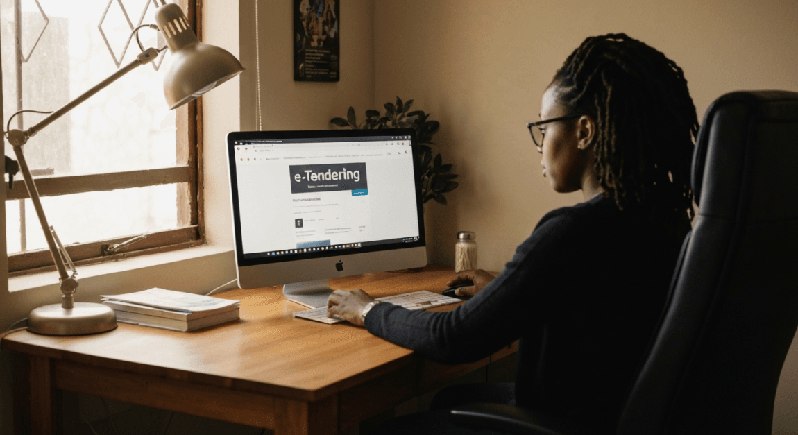 eTenders Botswana Explained: How Online Tendering Works 5 Entrepreneur setting up e-tender alerts on a computer in a Botswana home office.