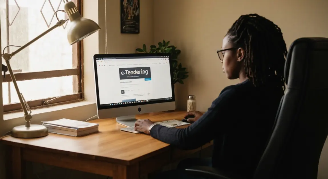 Entrepreneur setting up e-tender alerts on a computer in a Botswana home office.