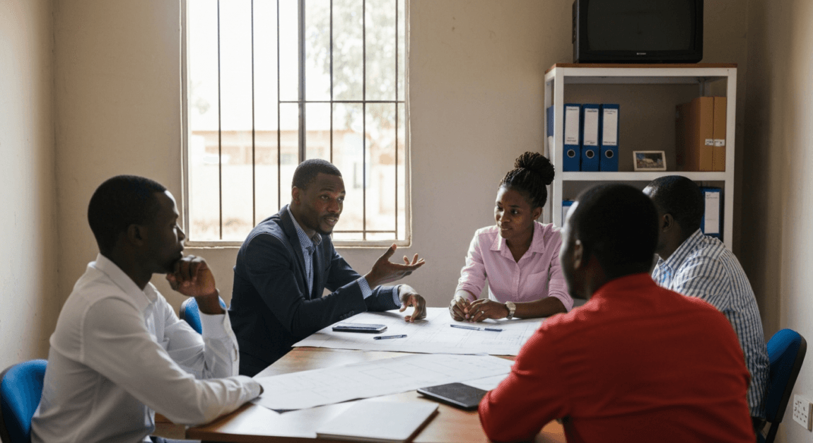 Construction team in Botswana discussing project details for a referral strategy