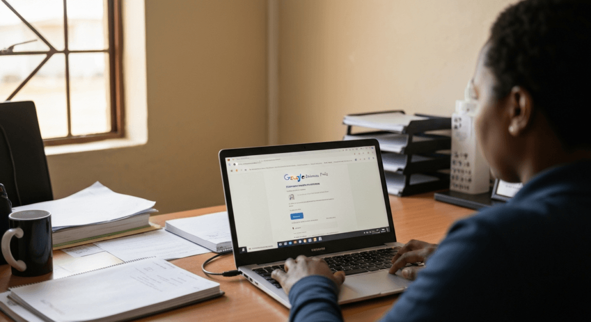 Contractor in Botswana managing their Google Business Profile on a laptop