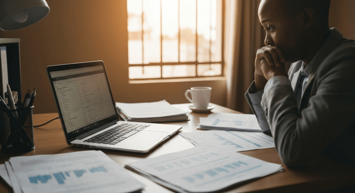 Botswana business owner overwhelmed with paperwork and computer in office