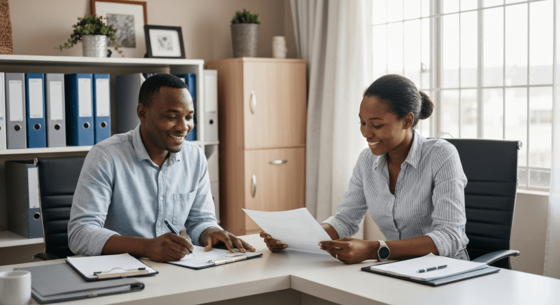 Accountant and business owner meeting in office for professional assistance