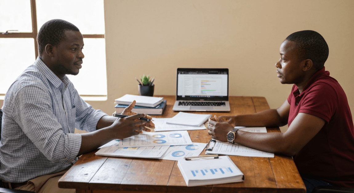 Bookkeeper and accountant discussing financial documents in office