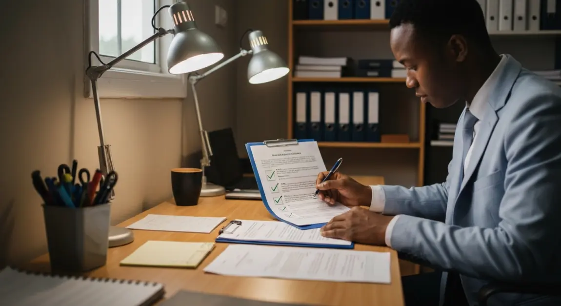 Business professional checking a checklist and documents to avoid errors in tender submissions in Botswana.
