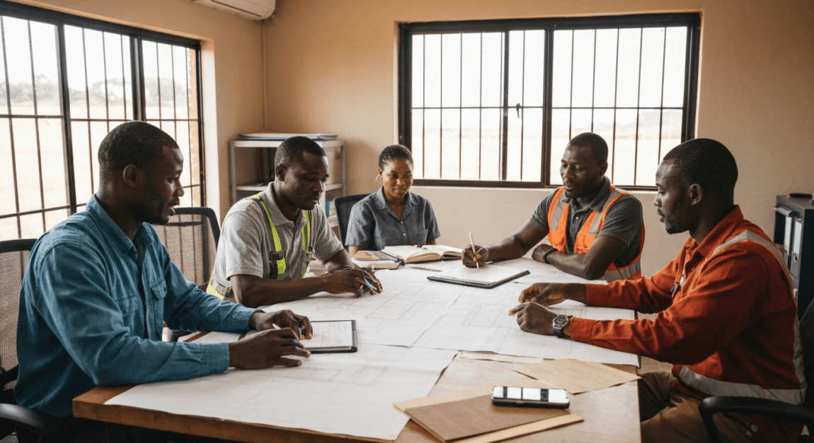 Most Profitable Construction Business to Start 3 Contractors in Botswana reviewing blueprints for a high-end roofing installation.