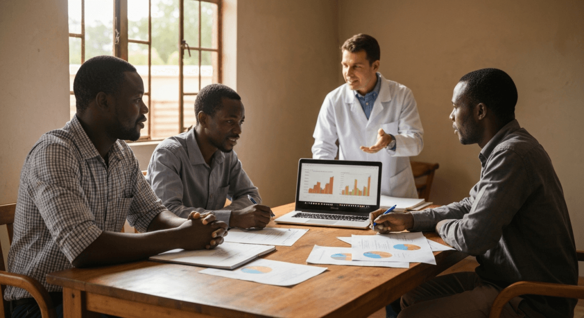 Farmers and veterinarian discussing livestock disease classifications and vaccines in Botswana