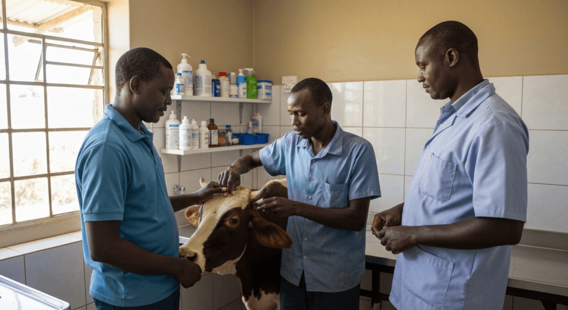 Farmer and veterinarian administering Lumpy Skin Disease treatment to cattle in Botswana