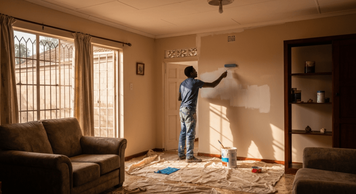 Local entrepreneur painting a wall inside a Botswana home