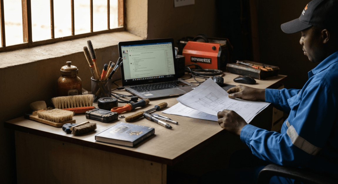 Desk filled with trade tools and a laptop showing a blurred interface