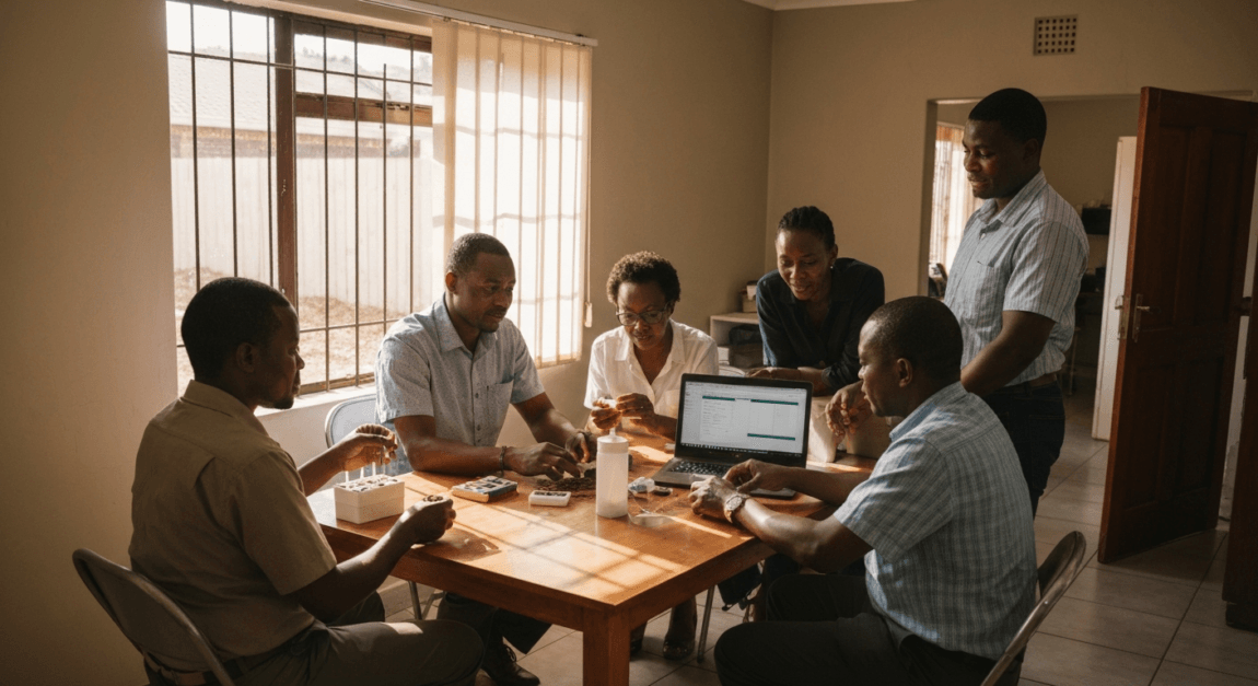 Group of Botswana farmers analyzing soil samples with testing equipment on a table in an office setting.