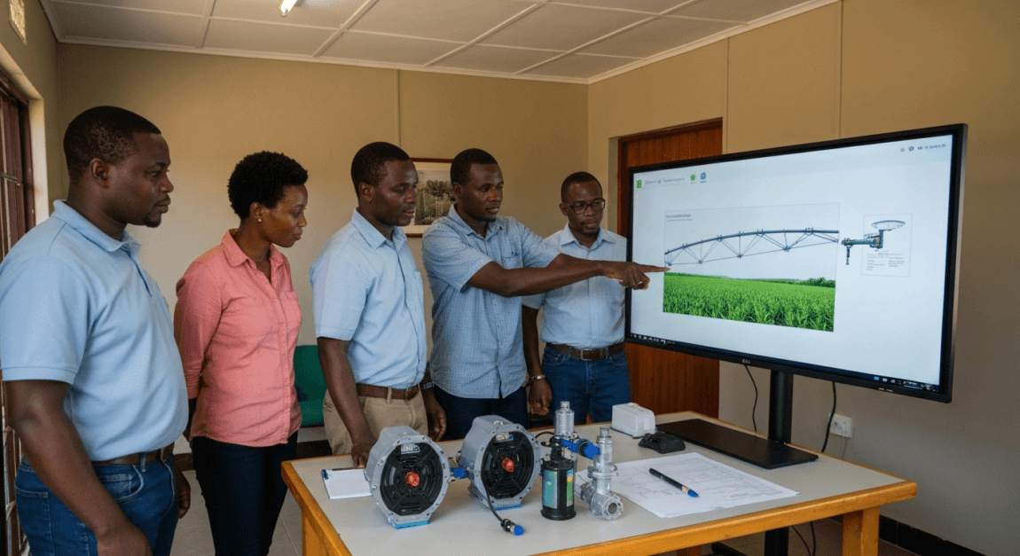 Team of professionals reviewing irrigation equipment schematic in a Botswana office.