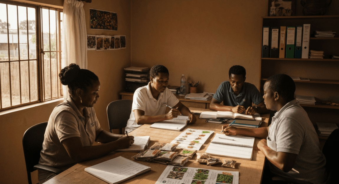 Botswana farmers discussing seed selection strategies and planning planting techniques at a desk.